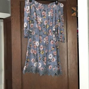 Blue floral strapless dress with sleeves